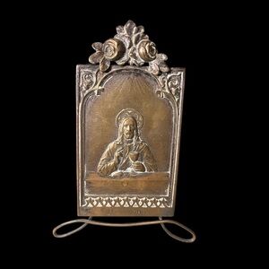 1908 Ornate Brass Eucharist Last Supper Plaque of Jesus with Chalice, France